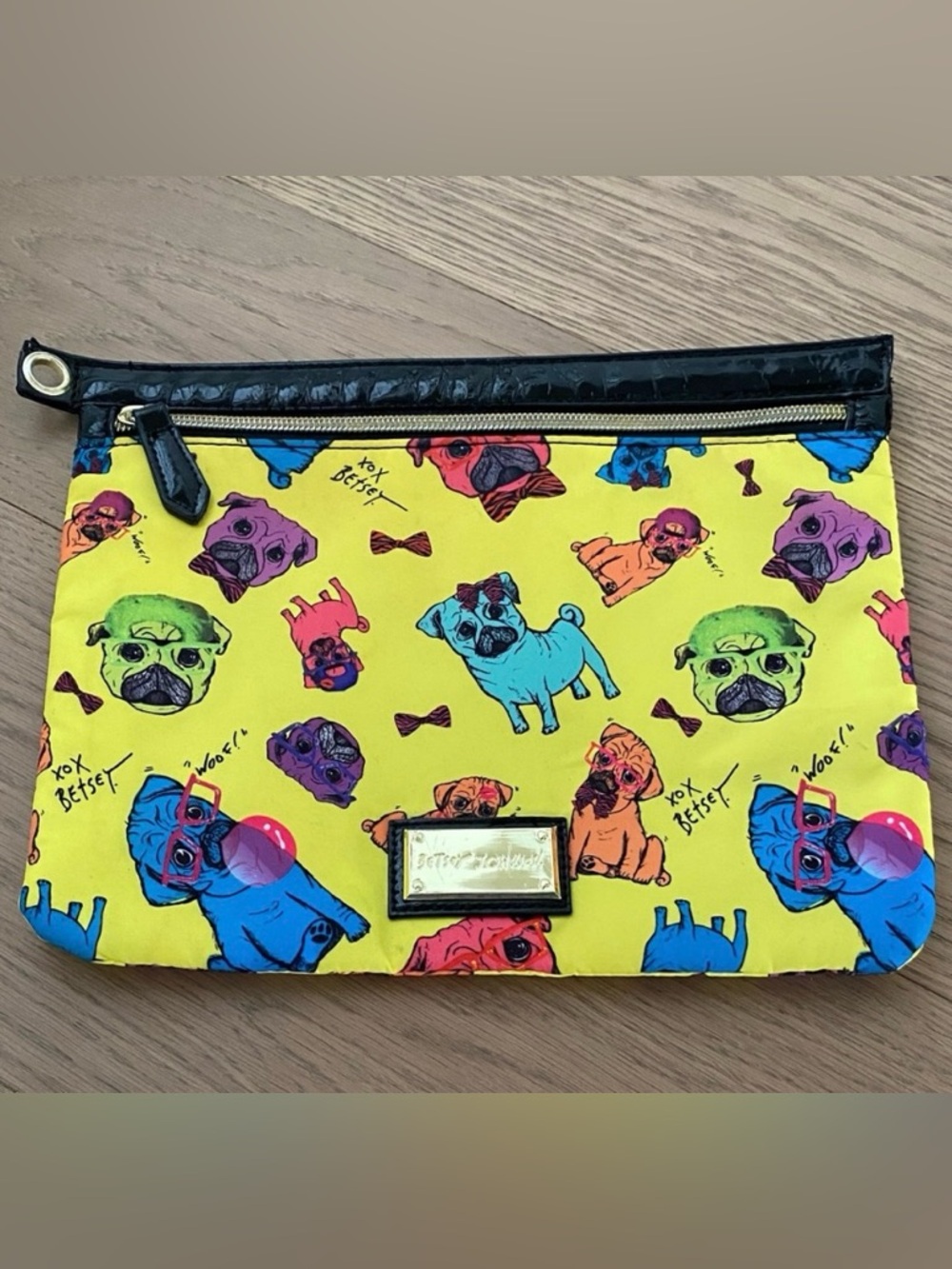Betsey Johnson Yellow Pug Print Pouch